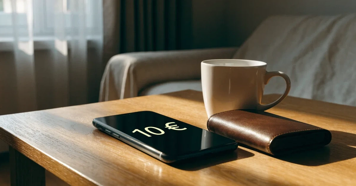 Ein Smartphone mit dunklem Display liegt auf einem Tisch neben einer Geldbörse und einer Tasse Kaffee.