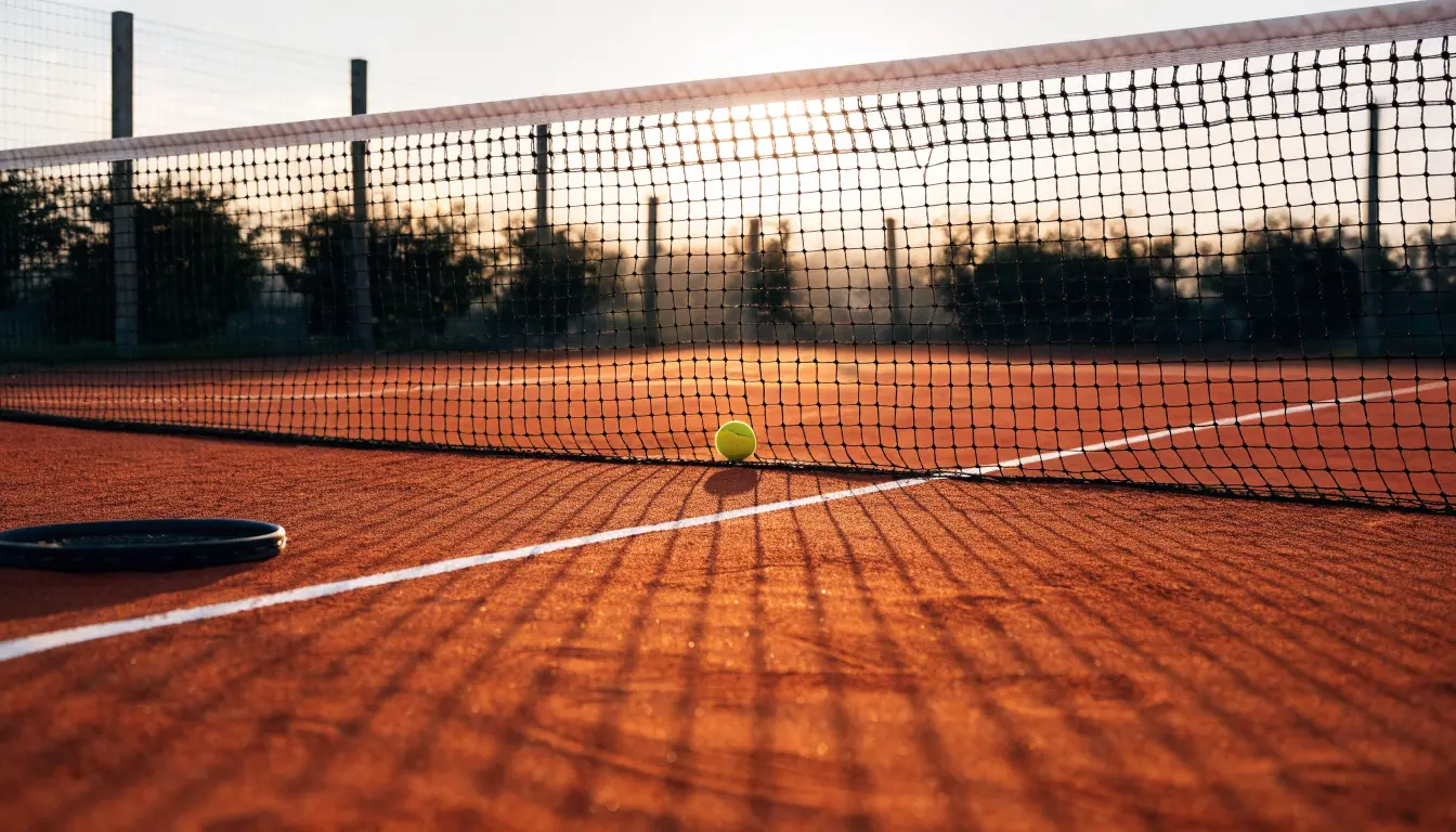 Ein Tennisplatz aus Sand bei Sonnenaufgang, das Netz im Gegenlicht, kein Mensch zu sehen.