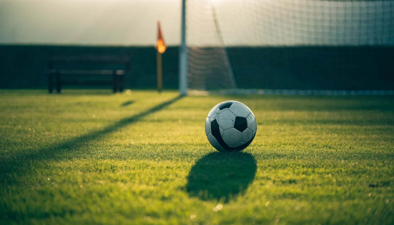 Ein Fußball auf einem Rasenplatz im Gegenlicht der tiefstehenden Sonne, am Spielfeldrand eine leere Ersatzbank.