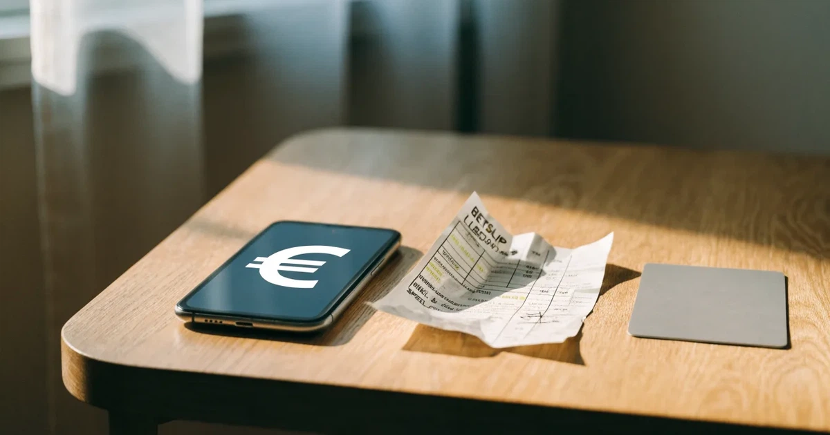 Ein Smartphone mit dunklem Bildschirm liegt neben einer Geldbörse und wenigen Münzen auf einem Holztisch im weichen Fensterlicht.