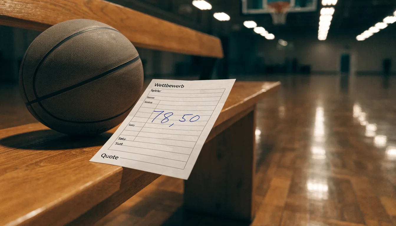 Ein Basketballfeld in einer leeren Halle, das Parkett spiegelt das Licht der Deckenlampen.