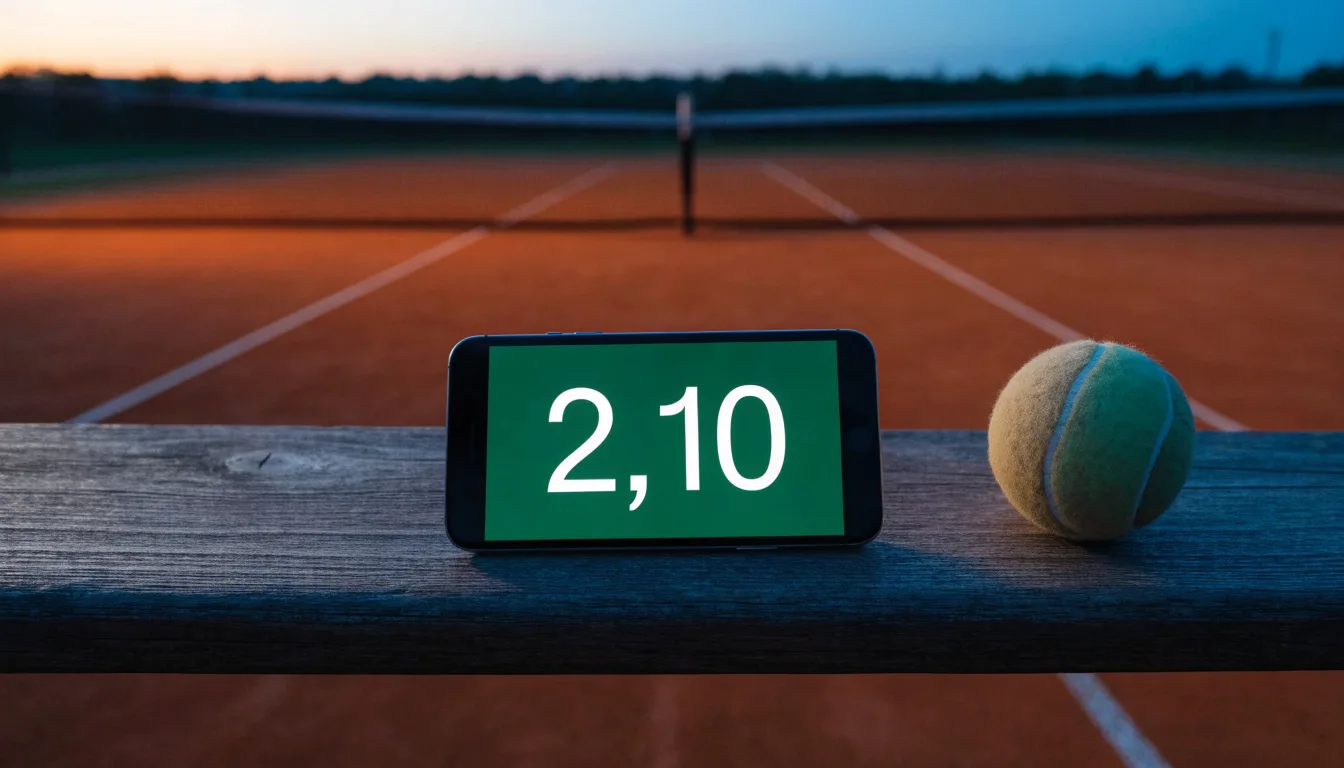 Ein Tennisplatz in der Dämmerung, Netz und Linien im Zwielicht, ohne Menschen und mit ruhigem Himmel.