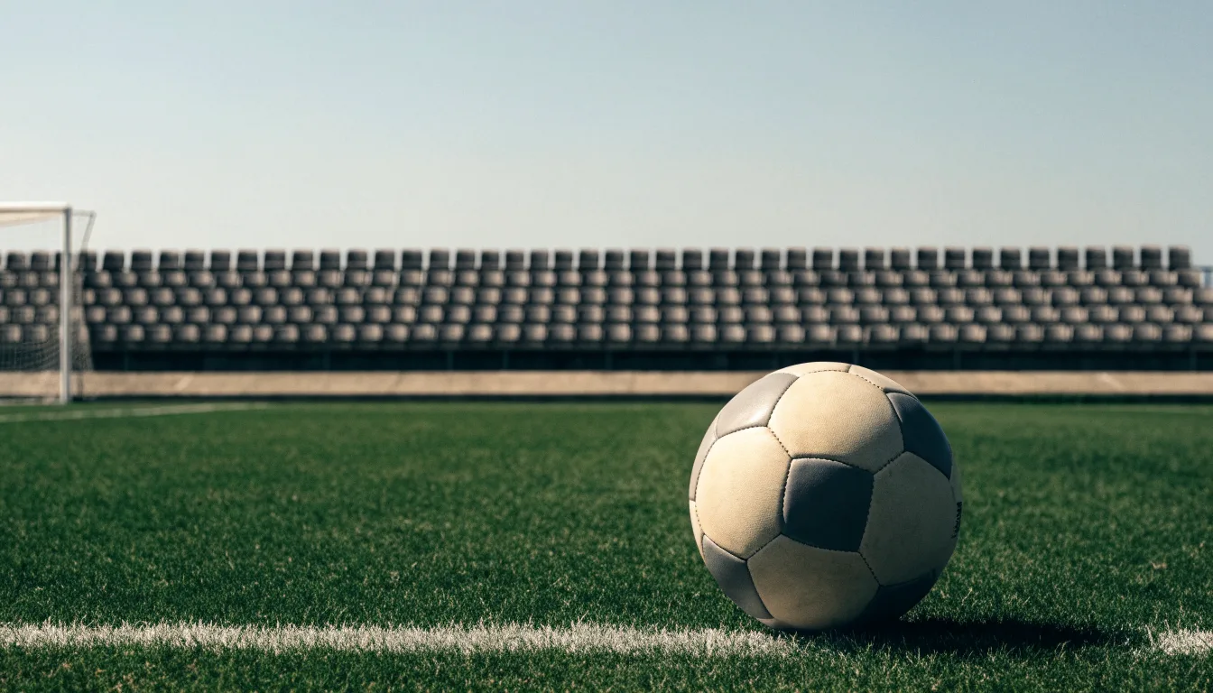 Ein Fußball liegt am Spielfeldrand eines Rasenplatzes, im Hintergrund eine leere Tribüne unter hellem Himmel.