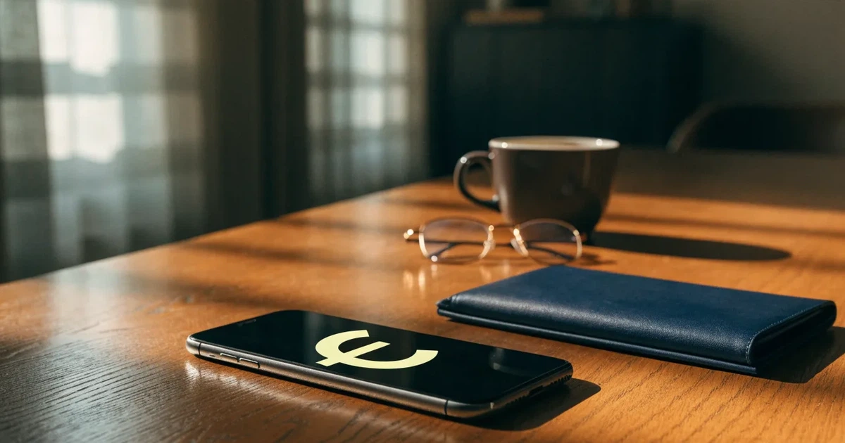 Ein Smartphone mit dunklem Bildschirm liegt auf einem Holztisch neben einem Portemonnaie und einer Kaffeetasse im Fensterlicht.