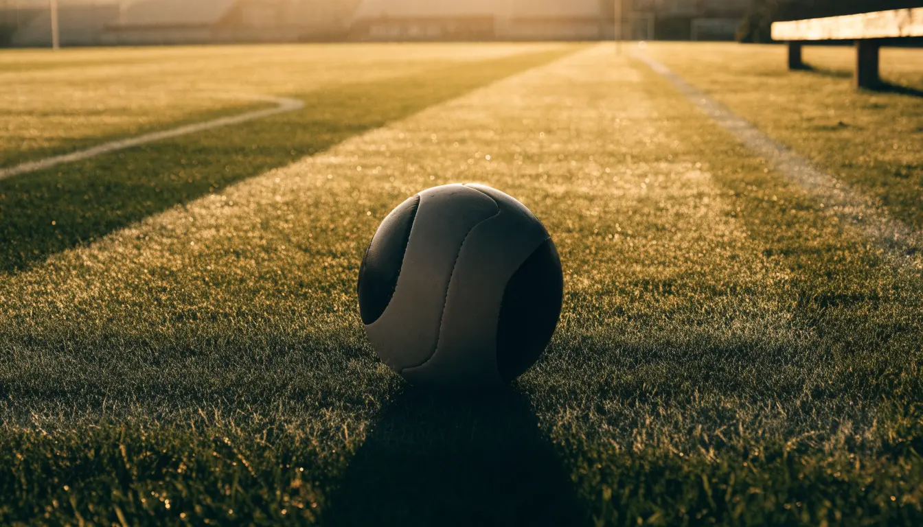 Ein Fußball auf einem Rasenplatz im Gegenlicht der tiefstehenden Sonne, am Rand eine leere Ersatzbank.