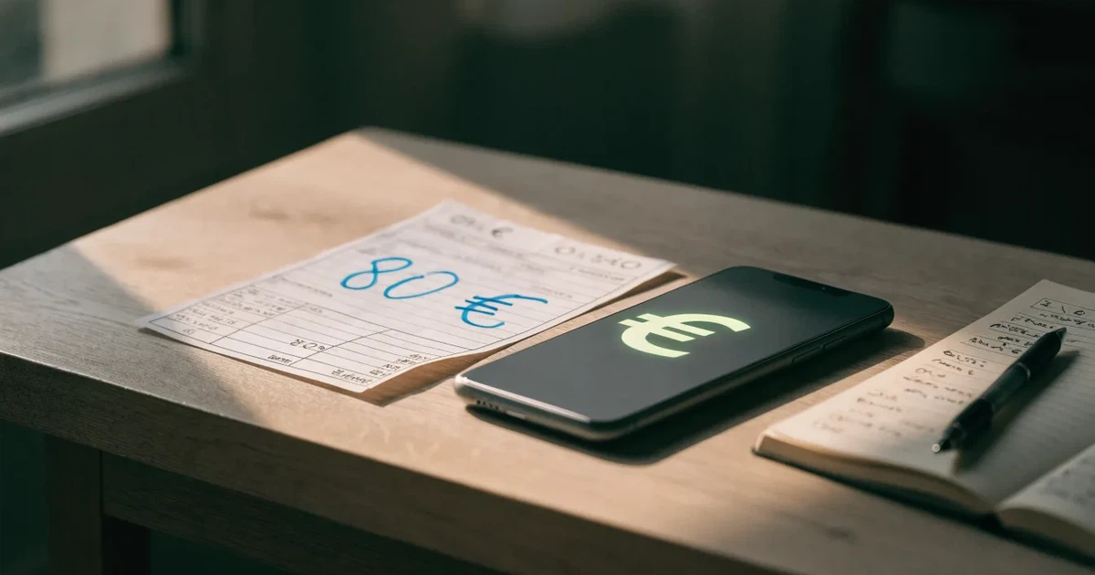Ein Taschenrechner, ein Stift und ein Smartphone mit dunklem Bildschirm liegen auf einem Küchentisch im Morgenlicht.