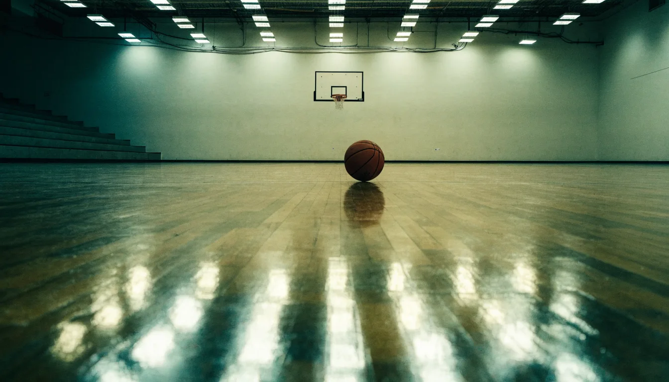 Ein Basketballfeld in einer leeren Halle, das Parkett spiegelt das Deckenlicht.