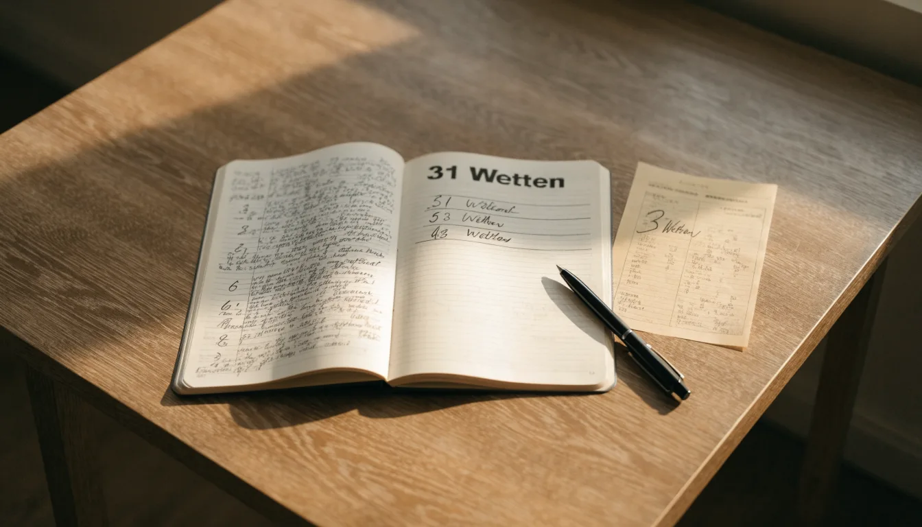 Ein Taschenrechner und ein Notizbuch mit handschriftlichen Zahlenreihen auf einem Schreibtisch neben einem Kugelschreiber.