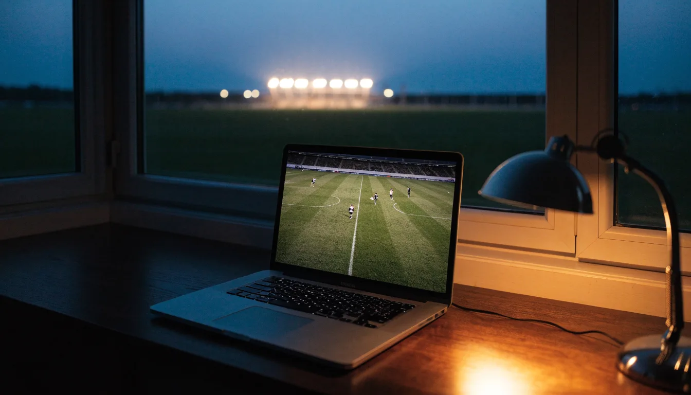 Ein Stadion unter Flutlicht aus der Ferne gesehen, im Vordergrund ein leeres Feld in der Dämmerung.