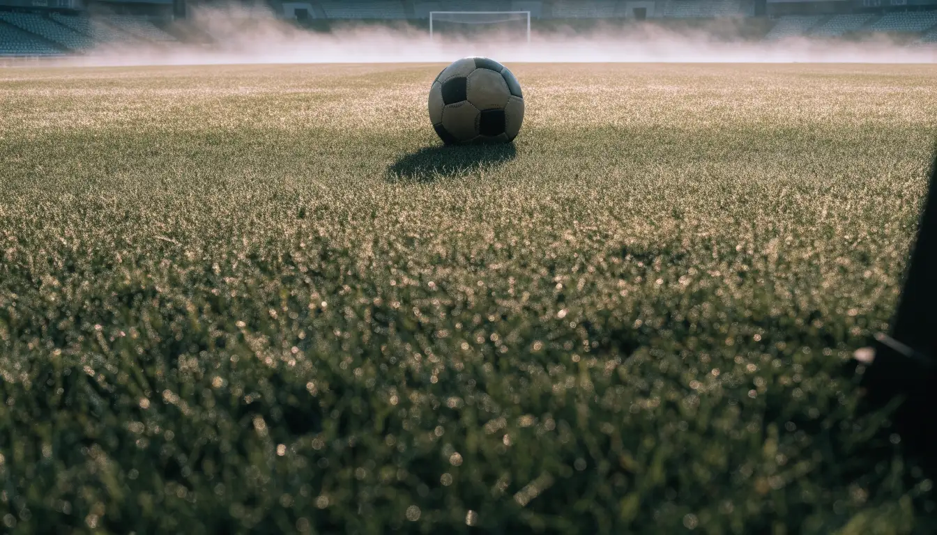 Ein Fußball liegt auf dem Anstoßpunkt eines leeren Rasenplatzes, im Hintergrund hängt Morgendunst über den Tribünen.