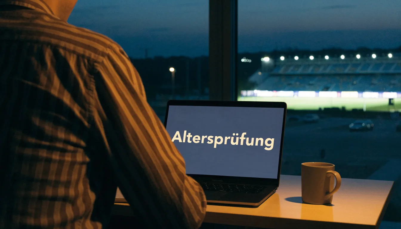 Ein Fußballstadion unter Flutlicht, aus großer Entfernung bei Einbruch der Dunkelheit gesehen, davor ein leerer Parkplatz.