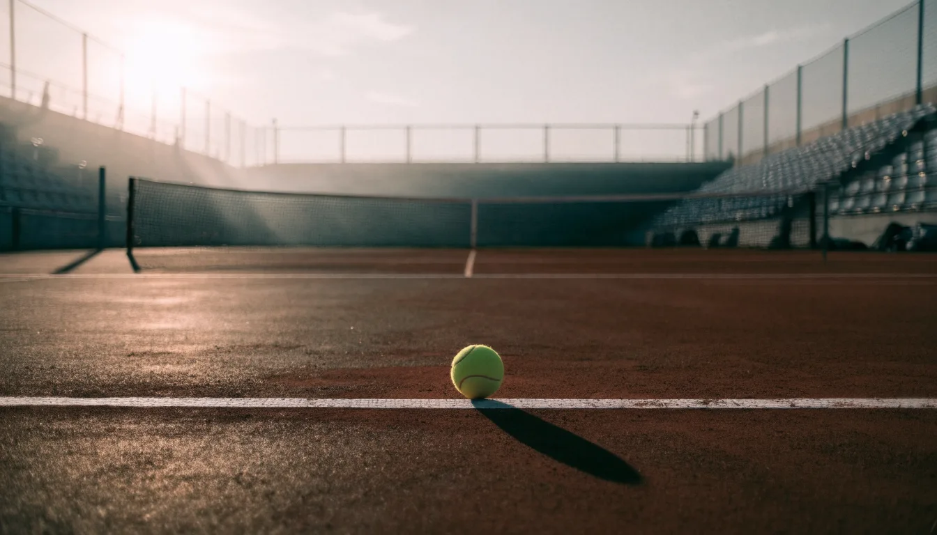Ein Tennisplatz bei Sonnenaufgang, die Linien noch taufeucht, ein einzelner Ball liegt an der Grundlinie.