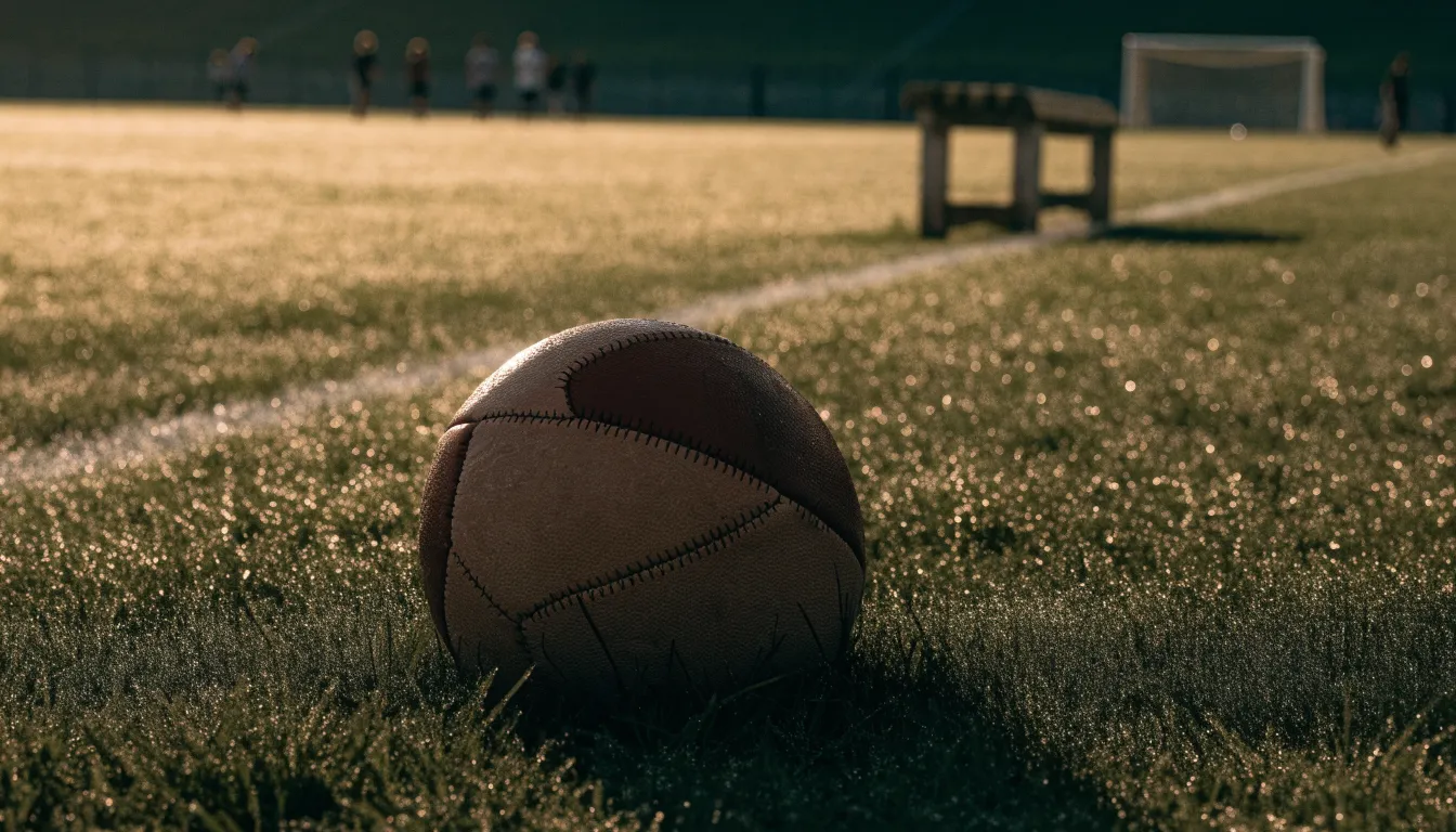 Ein Fußball liegt im Gras am Spielfeldrand, dahinter eine leere Bank und ein Tor im Gegenlicht.