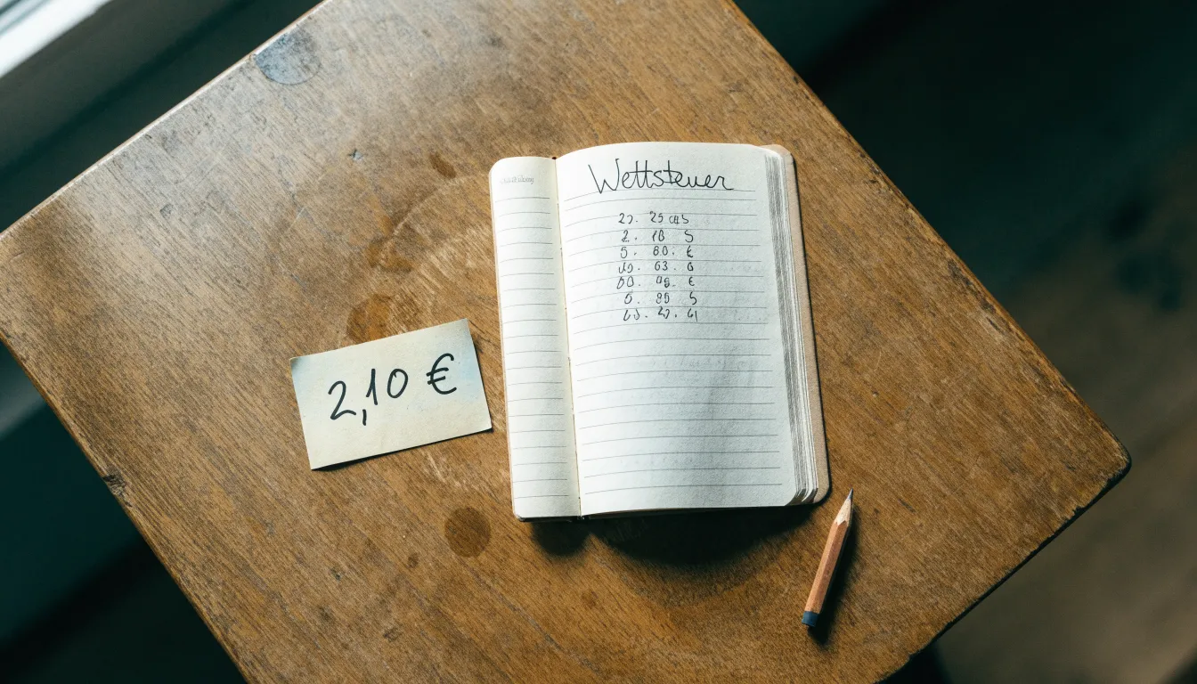 Ein Notizbuch mit handschriftlichen Notizen liegt aufgeschlagen neben einem leeren Papier-Wettschein auf einem Holztisch.