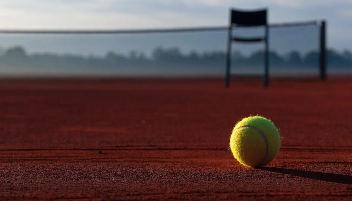 Ein Tennisball liegt auf einem roten Sandplatz bei Sonnenaufgang, im Hintergrund ein leerer Schiedsrichterstuhl.