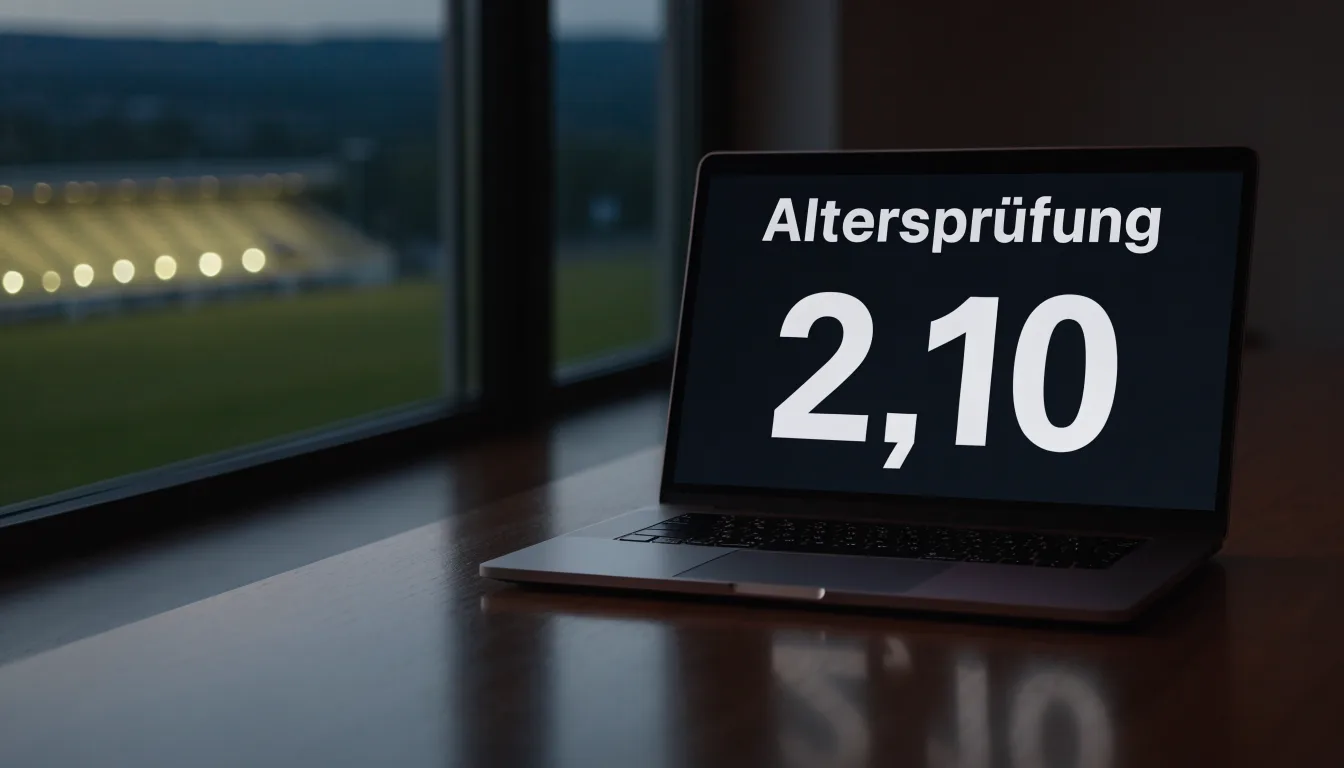 Ein Stadion unter Flutlicht aus der Ferne, davor ein stilles Feld im Dämmerlicht.