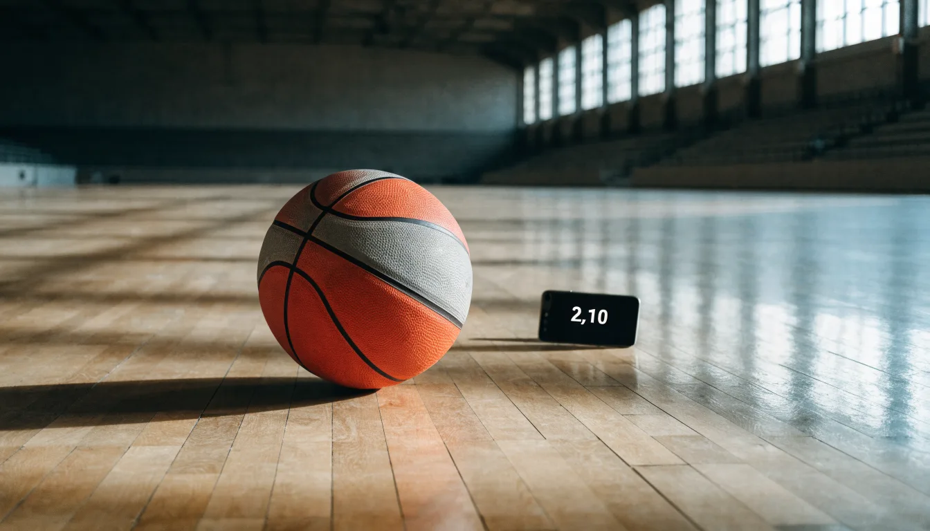 Ein Basketball liegt auf dem Parkett einer leeren Halle, Licht fällt durch hohe Fenster.