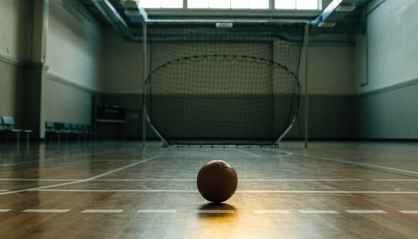 Ein Handball liegt in einer leeren Halle auf dem Boden vor dem Tor.