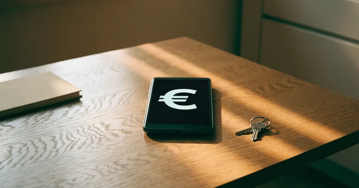 Ein Handy mit abgedunkeltem Display, ein Schlüsselbund und ein Notizblock liegen auf einem Holztisch.