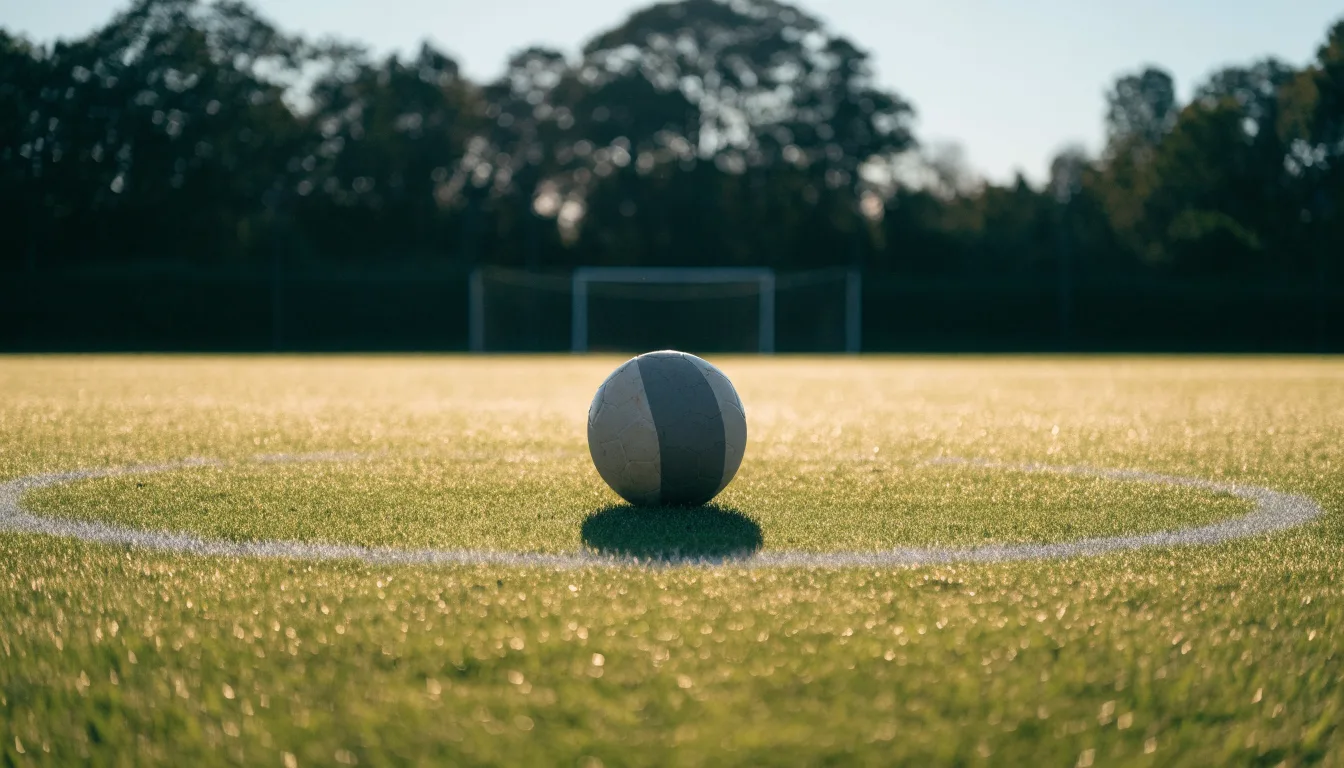 Ein Fußball liegt auf dem Anstoßkreis eines leeren Rasenplatzes im frühen Morgenlicht.