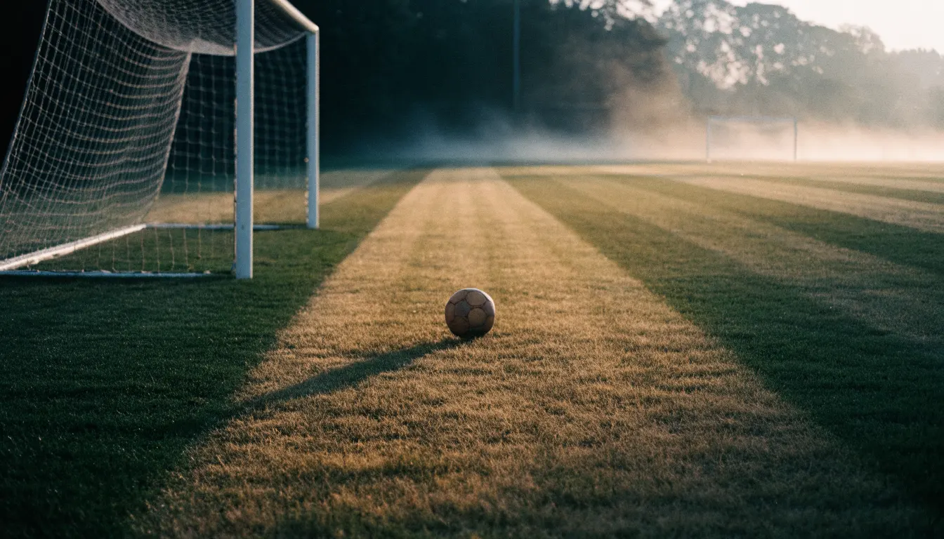 Ein Fußball auf dem Rasen vor einem leeren Tor im frühen Morgenlicht.