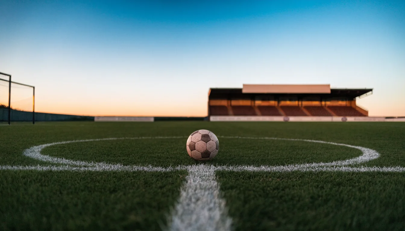 Ein Fußball liegt in der Mitte eines leeren Rasenplatzes, am Horizont färbt sich der Himmel orange.