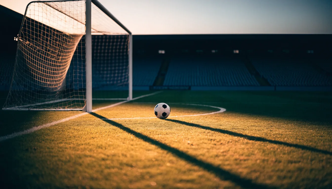 Ein Fußball liegt im Strafraum eines leeren Platzes, dahinter die Netze des Tores im Abendlicht.