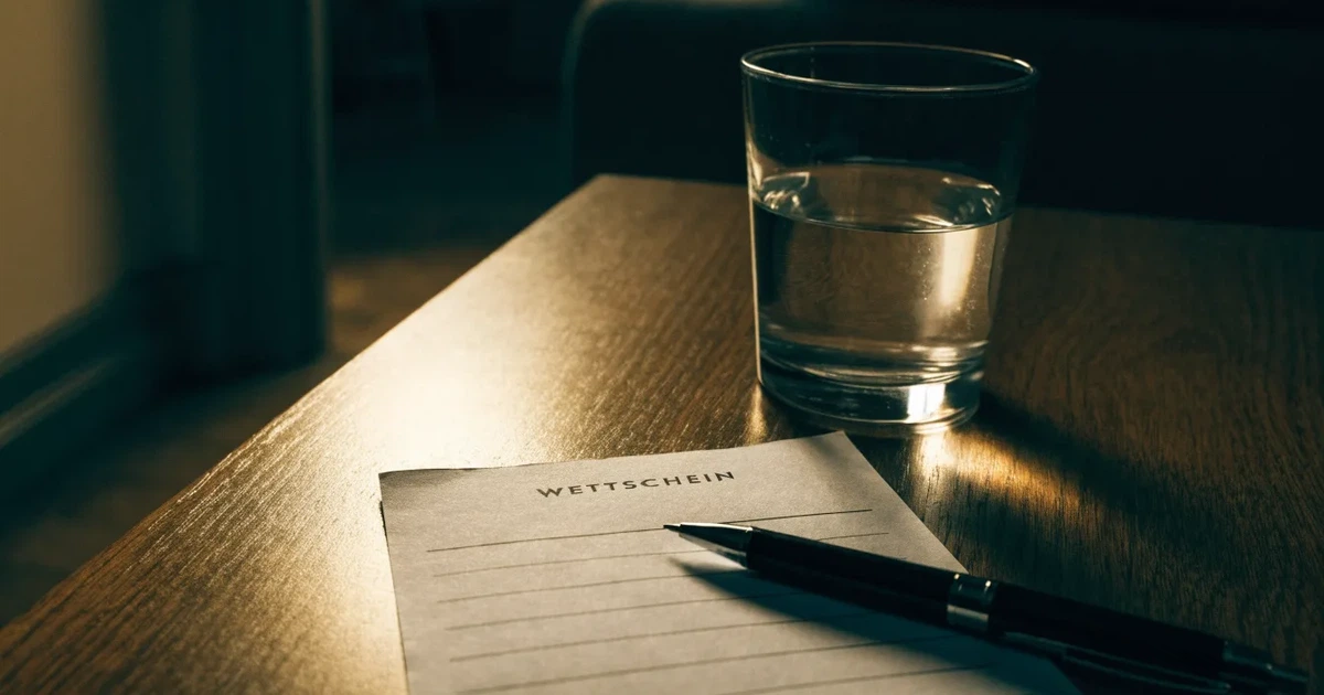 Ein leerer Papier-Wettschein liegt zusammen mit einem Kugelschreiber auf einem Tisch, daneben ein Glas Wasser.