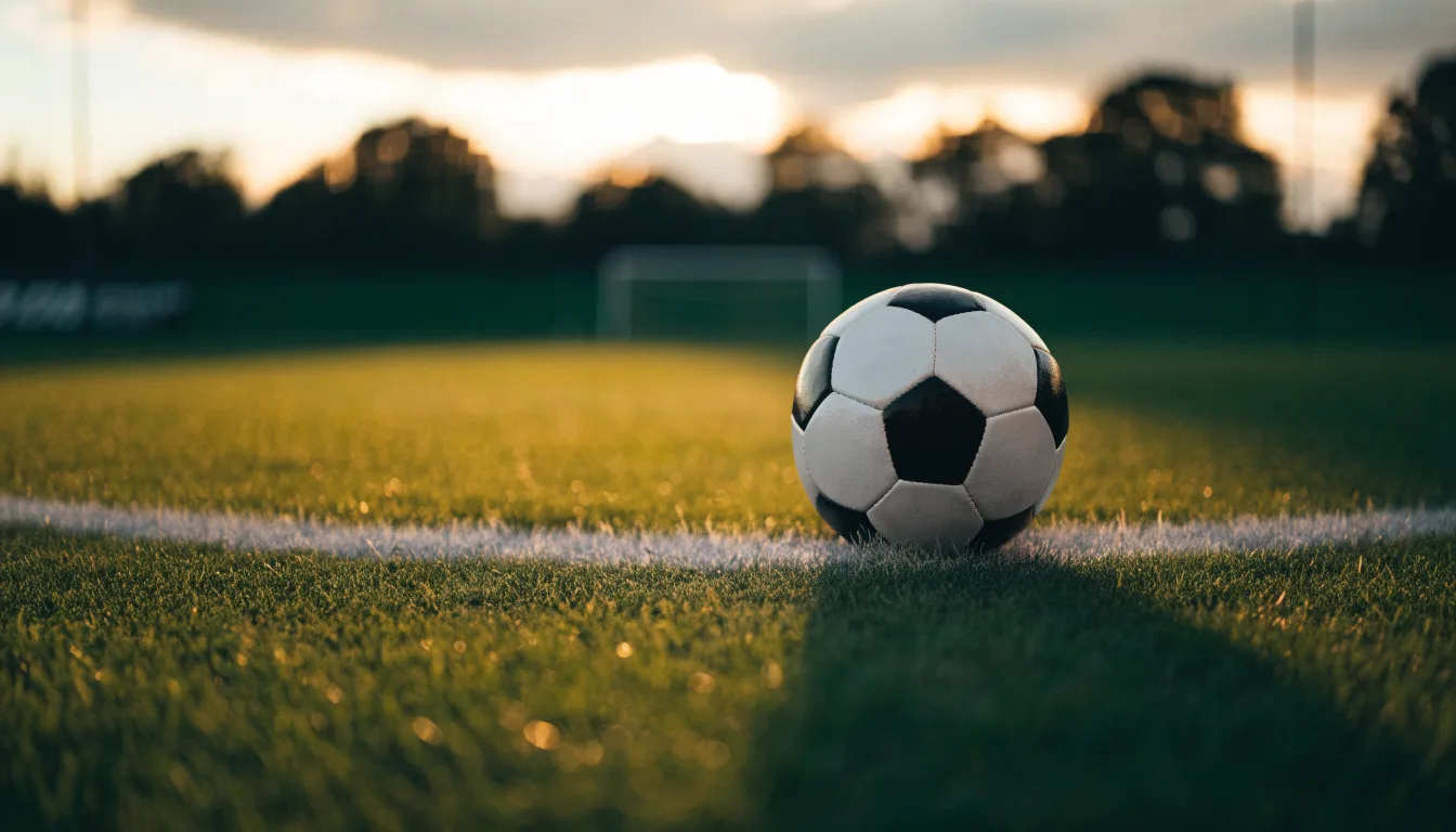 Ein Fußball liegt auf dem Elfmeterpunkt eines leeren Platzes im Abendlicht.