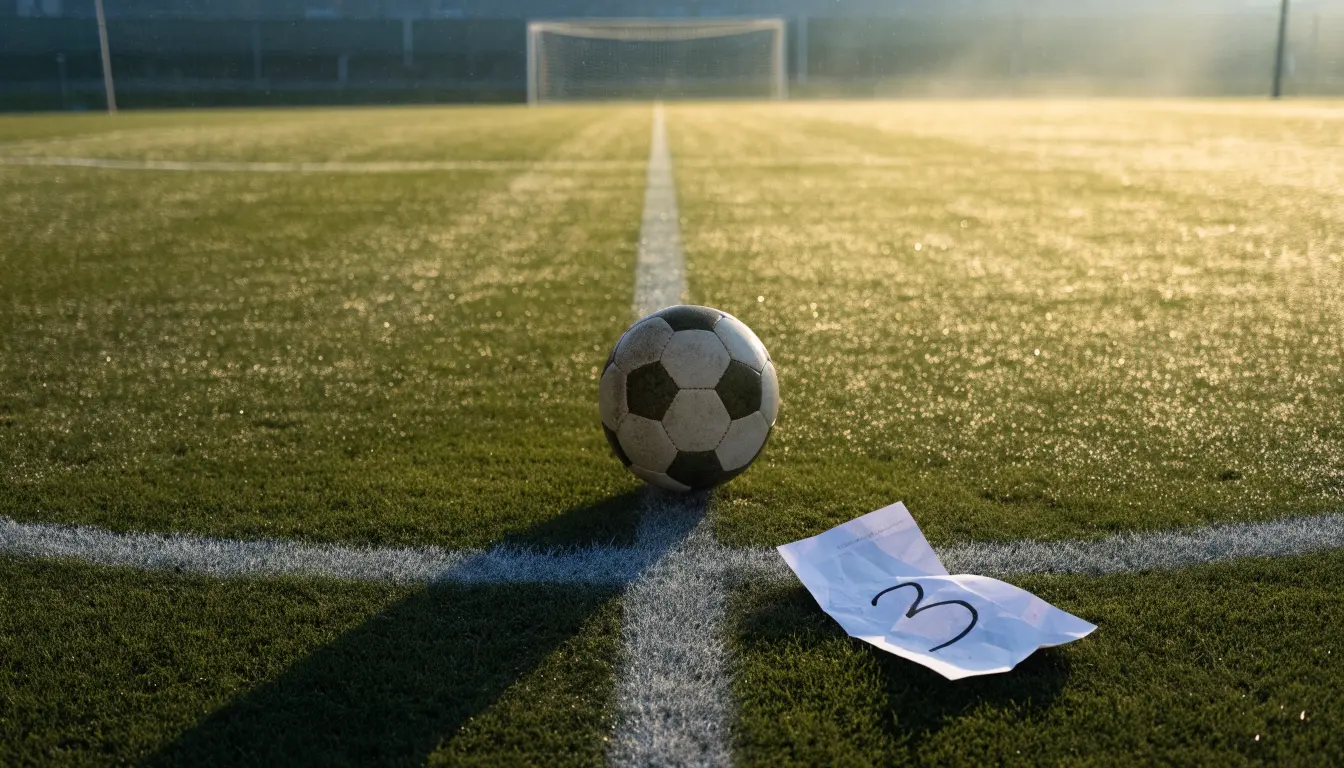 Ein Fußball auf dem Mittelkreis eines leeren Rasenplatzes im frühen Morgenlicht.