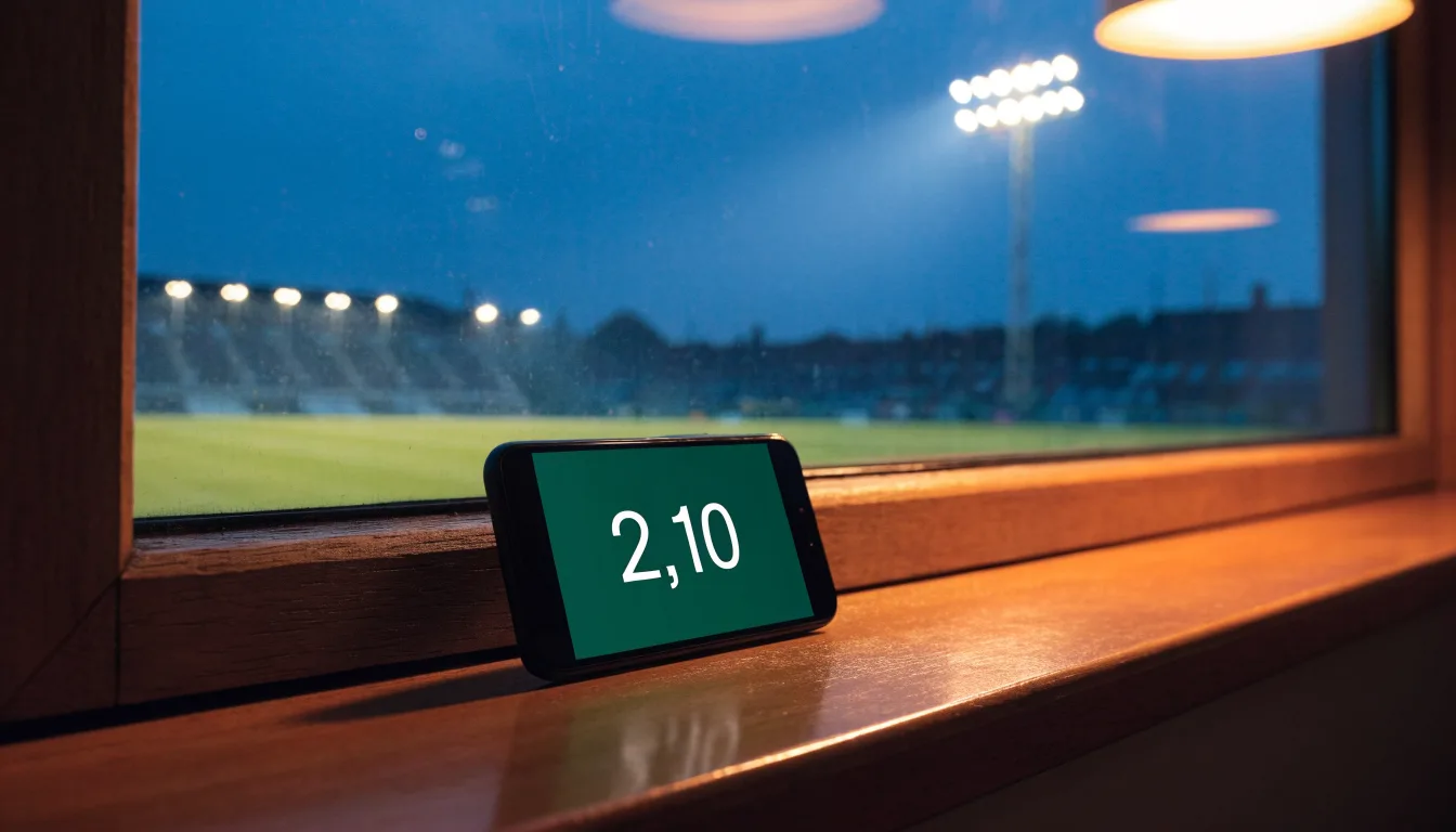 Ein Stadion unter Flutlicht aus großer Entfernung, davor ein dunkler Acker im Abendlicht.