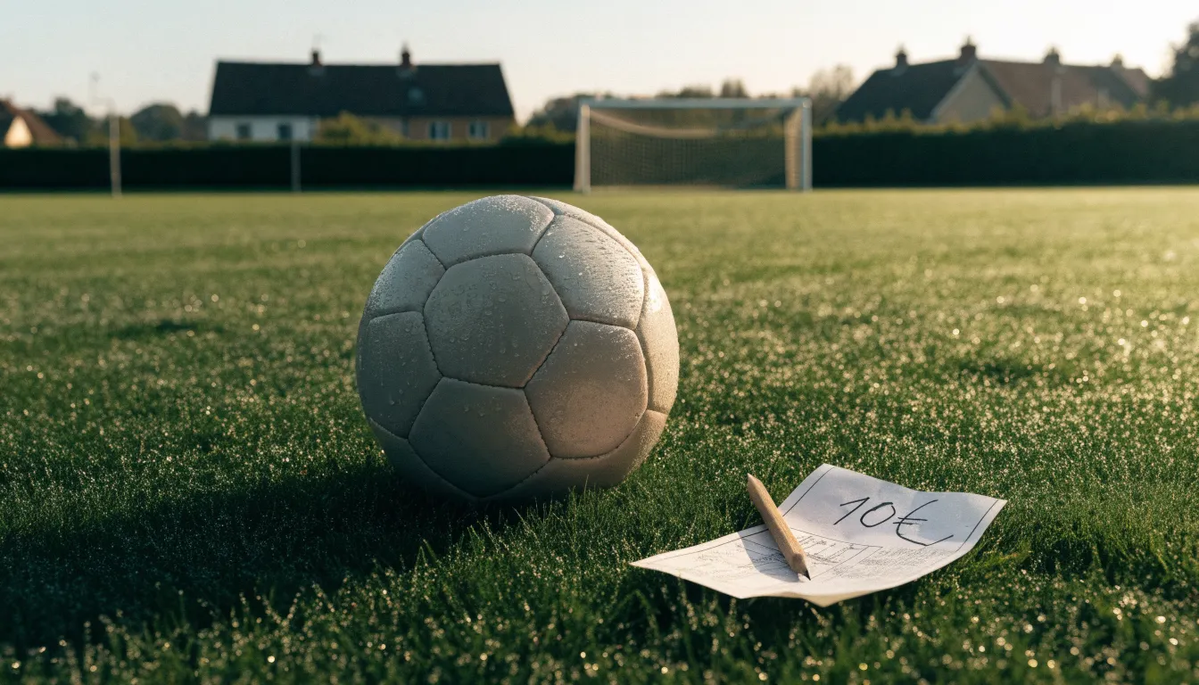 Ein Fußball auf dem Rasen eines leeren Sportplatzes am Rand einer Kleinstadt im Morgenlicht.