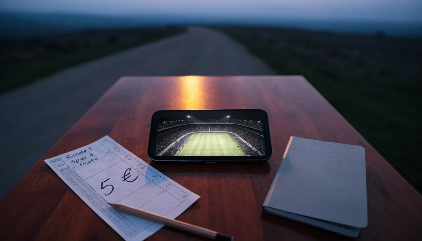 Ein Stadion unter Flutlicht, von einer Anhöhe aus gesehen, davor ein stiller Weg in der Dämmerung.