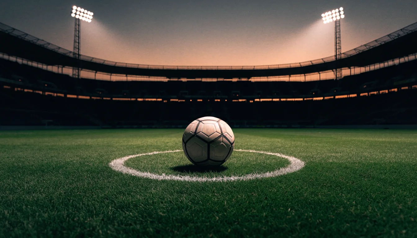 Ein Fußball liegt auf dem Anstoßpunkt eines leeren Rasenplatzes, im Hintergrund ein Stadion unter Flutlicht in der Abenddämmerung.
