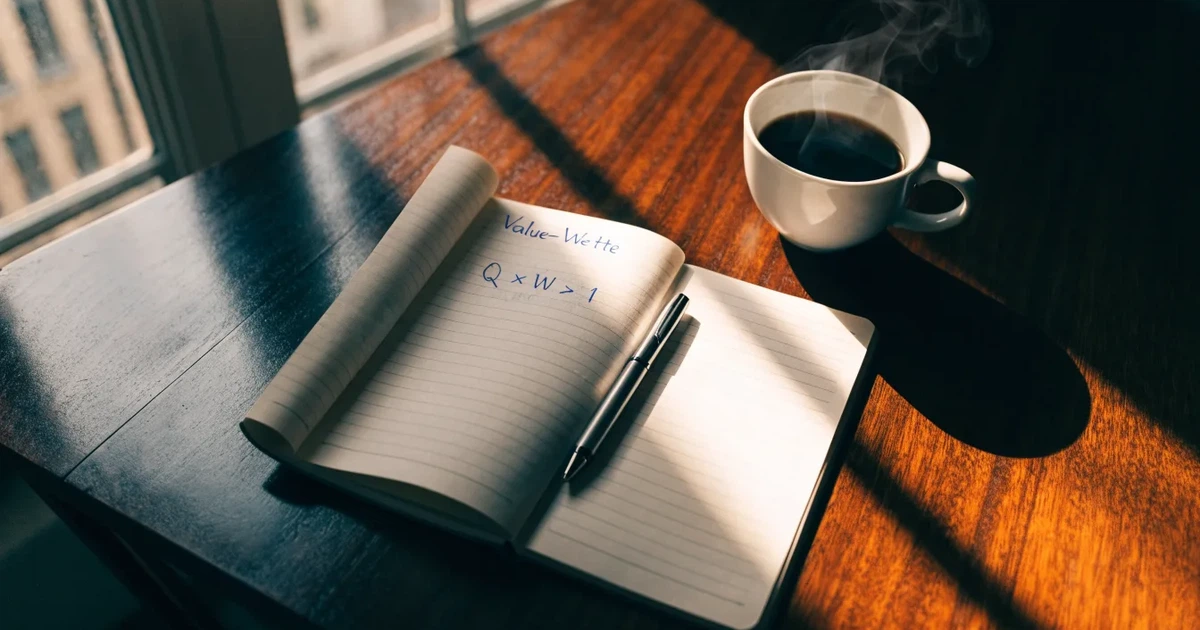Ein Notizbuch mit handschriftlichen Rechnungen und ein Taschenrechner liegen auf einem Schreibtisch neben einer Tasse Kaffee im Licht des frühen Morgens.
