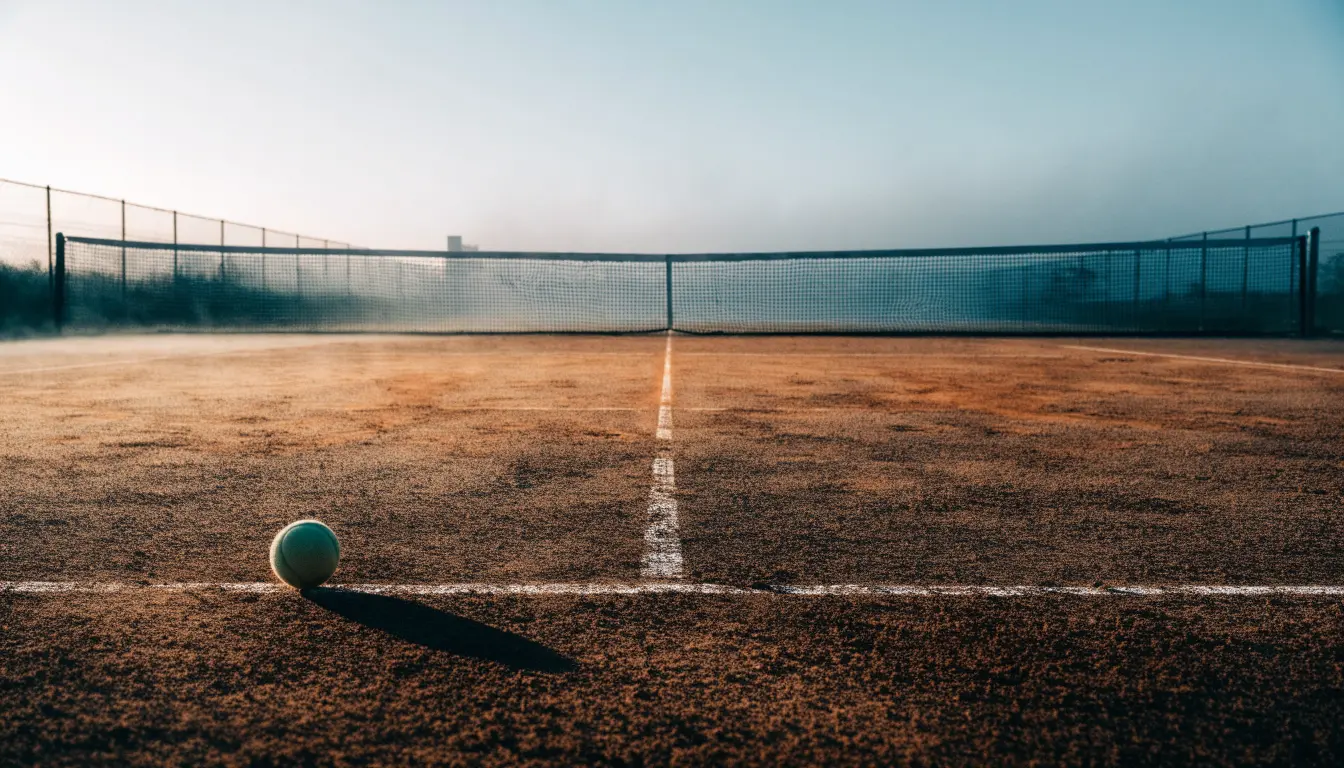 Ein Tennisplatz im Morgengrauen, das Netz und die Linien liegen im Tau, im Hintergrund leichter Nebel und kein Mensch zu sehen.