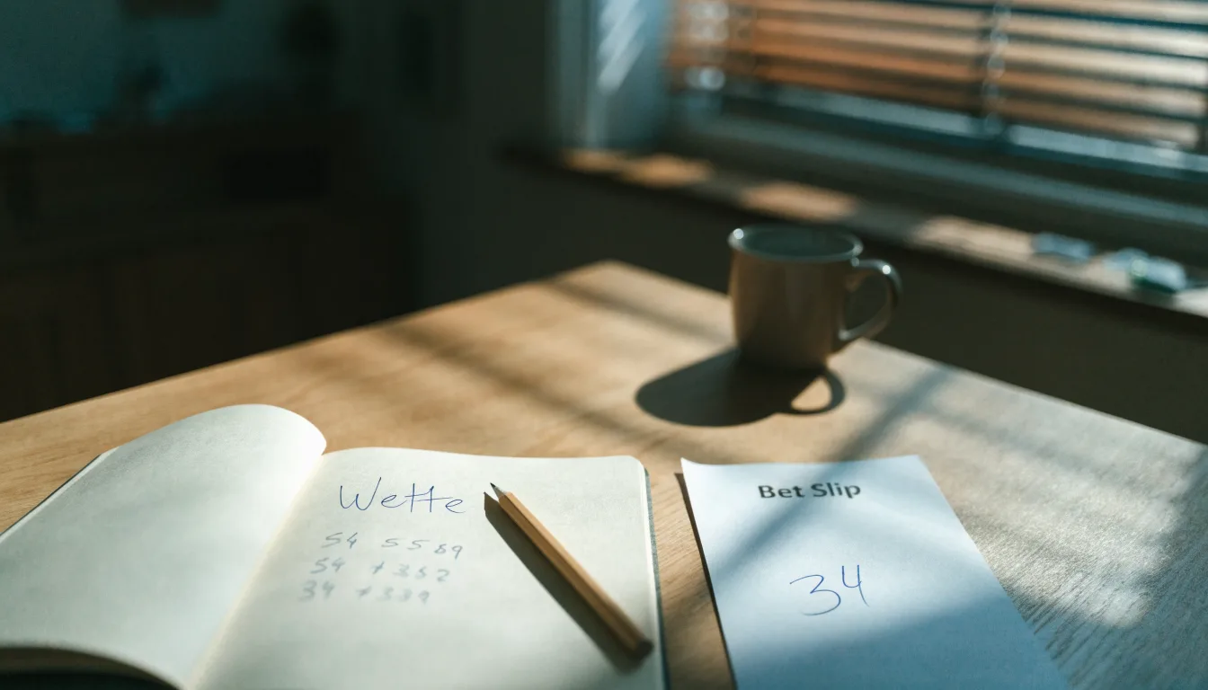 Ein Notizbuch mit handschriftlichen Notizen und ein Bleistift liegen auf einem Schreibtisch am Fenster, draußen fällt Morgenlicht herein.