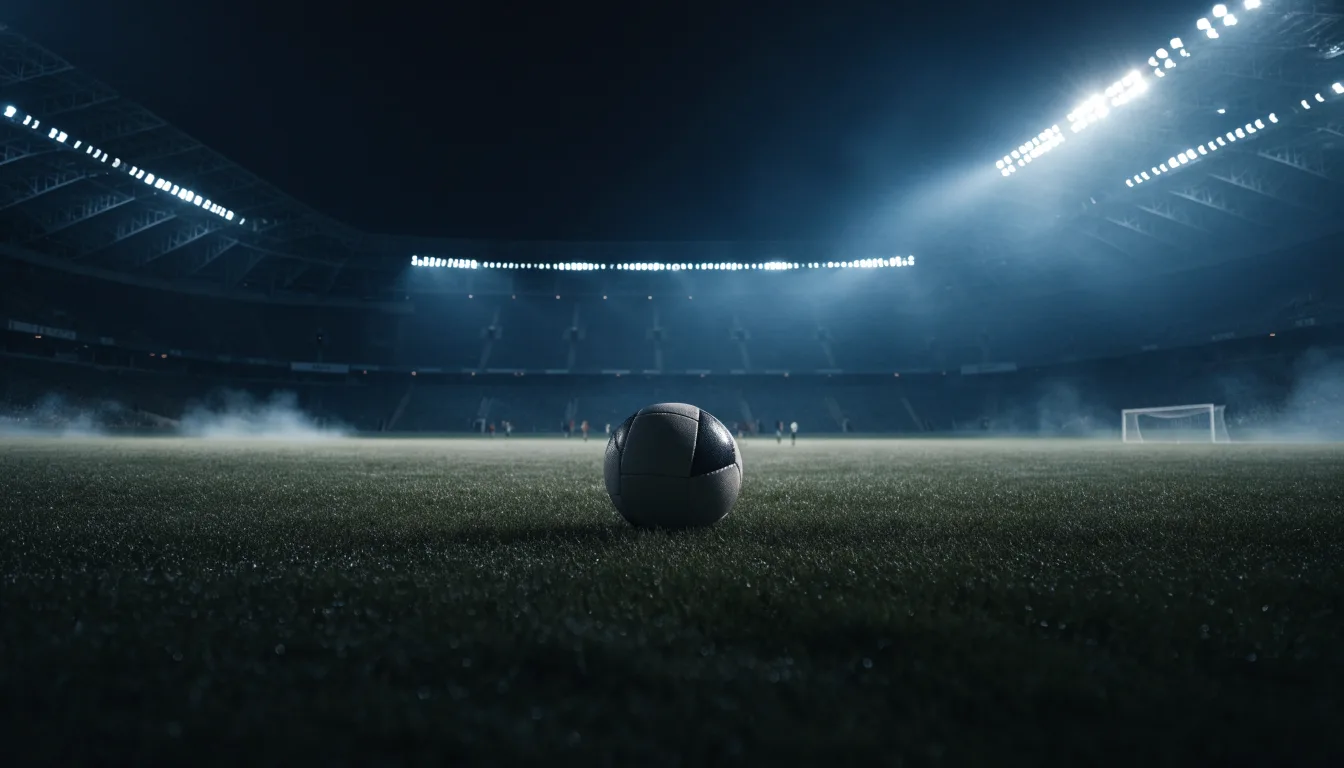 Ein Stadion unter Flutlicht, aus großer Entfernung über eine dunkle Wiese fotografiert, am Himmel zieht Nebel auf.
