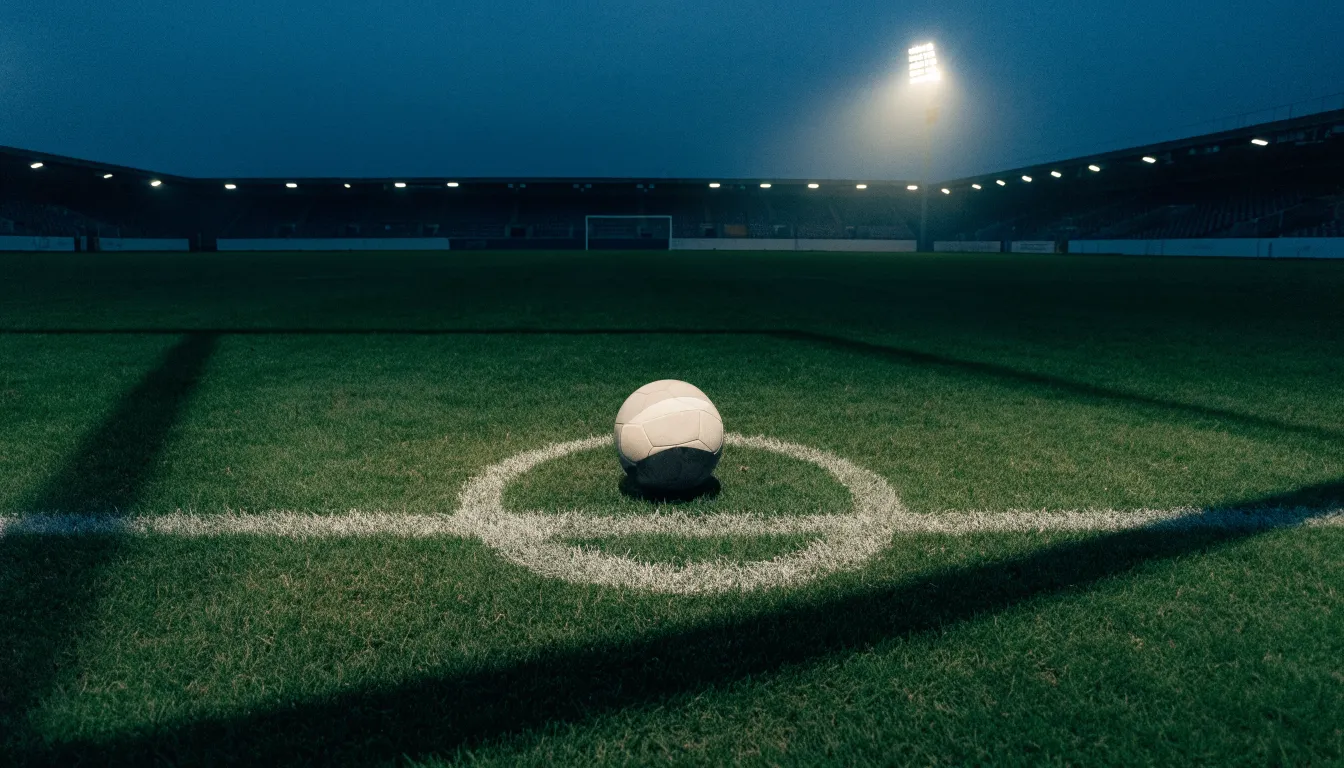Ein Fußball liegt auf dem Anstoßpunkt eines leeren Rasenplatzes, im Hintergrund steht ein Stadion unter Flutlicht in der Dämmerung.