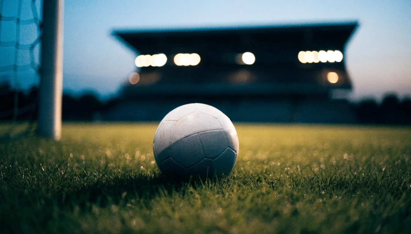 Ein Fußball liegt auf dem Rasen eines leeren Platzes, im Hintergrund ein Stadion unter Flutlicht in der Abenddämmerung.
