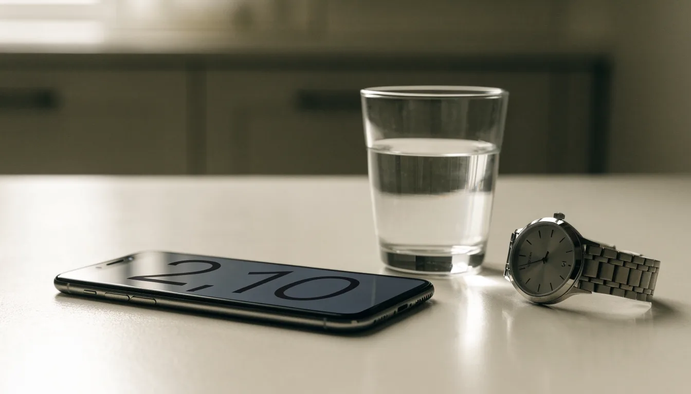 Ein Smartphone liegt mit dem Display nach unten auf einem Küchentisch, daneben stehen ein Glas Wasser und eine Armbanduhr.