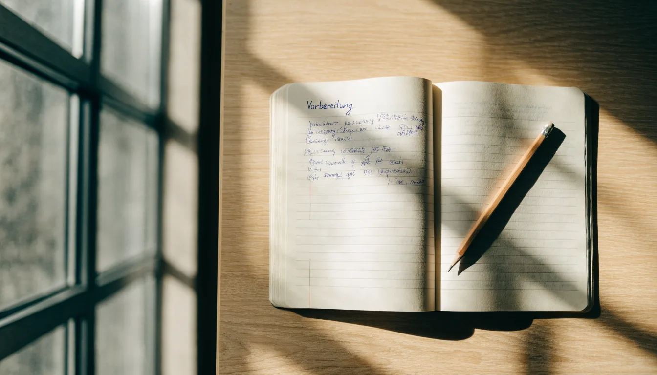 Ein Notizbuch mit handschriftlichen Notizen und ein Bleistift liegen auf einem Schreibtisch am Fenster, draußen fällt Morgenlicht herein.