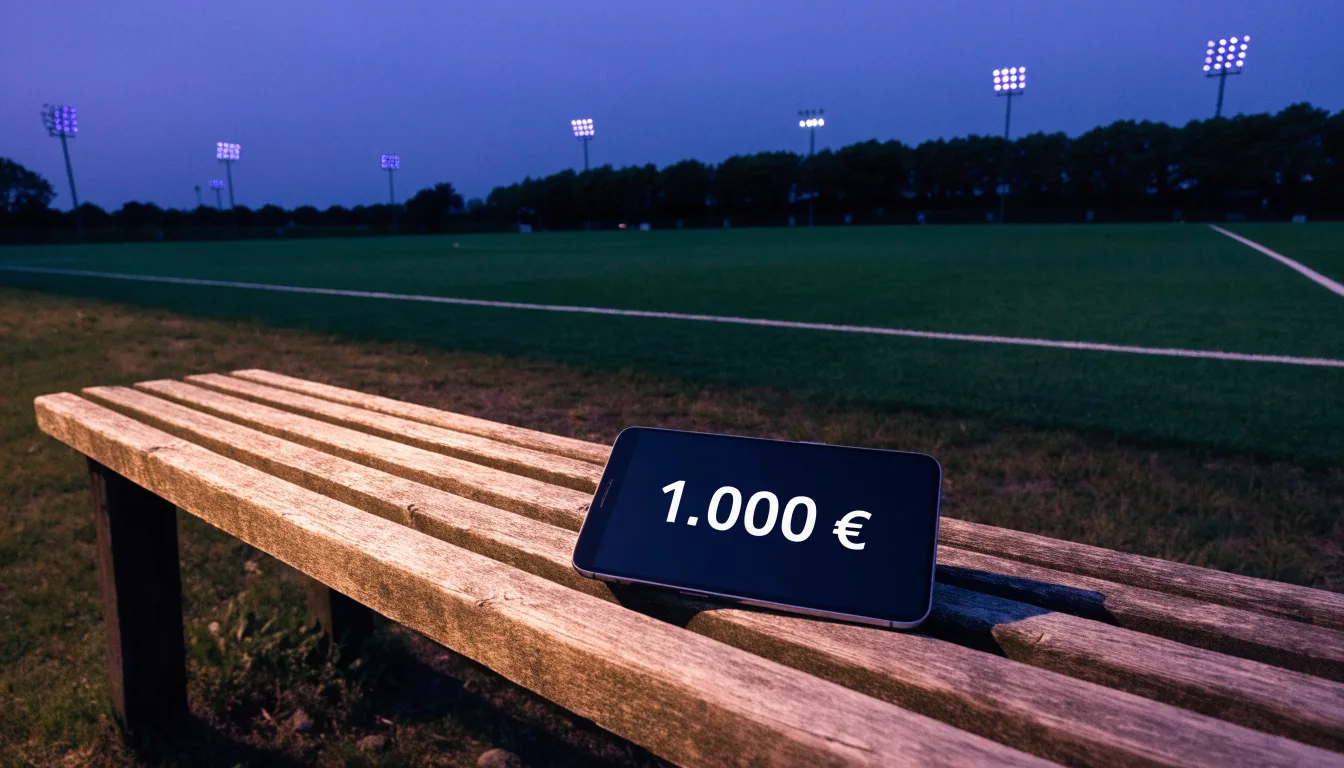 Eine leere Parkbank am Rand eines Fußballfelds in der Abenddämmerung, im Hintergrund ragen dunkle Flutlichtmasten in den Himmel.