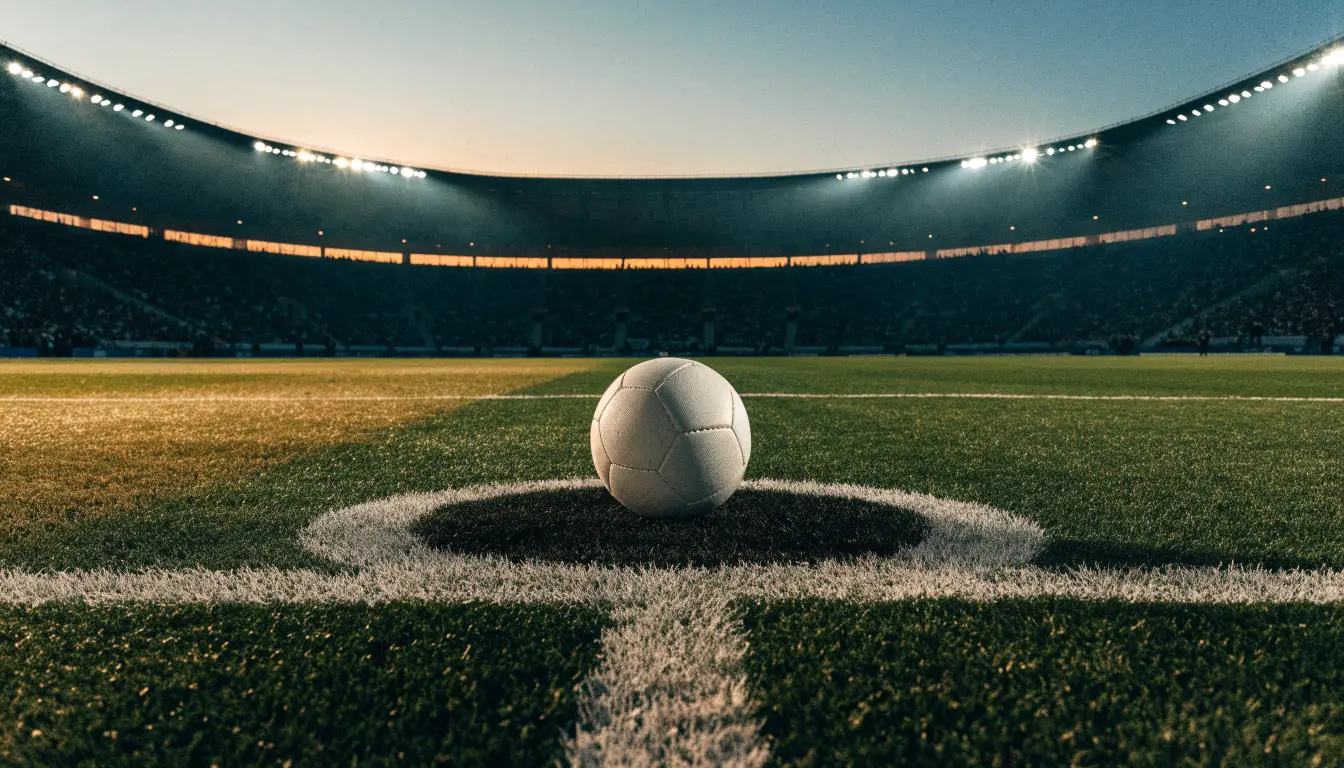 Ein Fußball liegt auf dem Anstoßpunkt eines leeren Rasenplatzes, im Hintergrund steht ein Stadion unter Flutlicht in der Dämmerung.