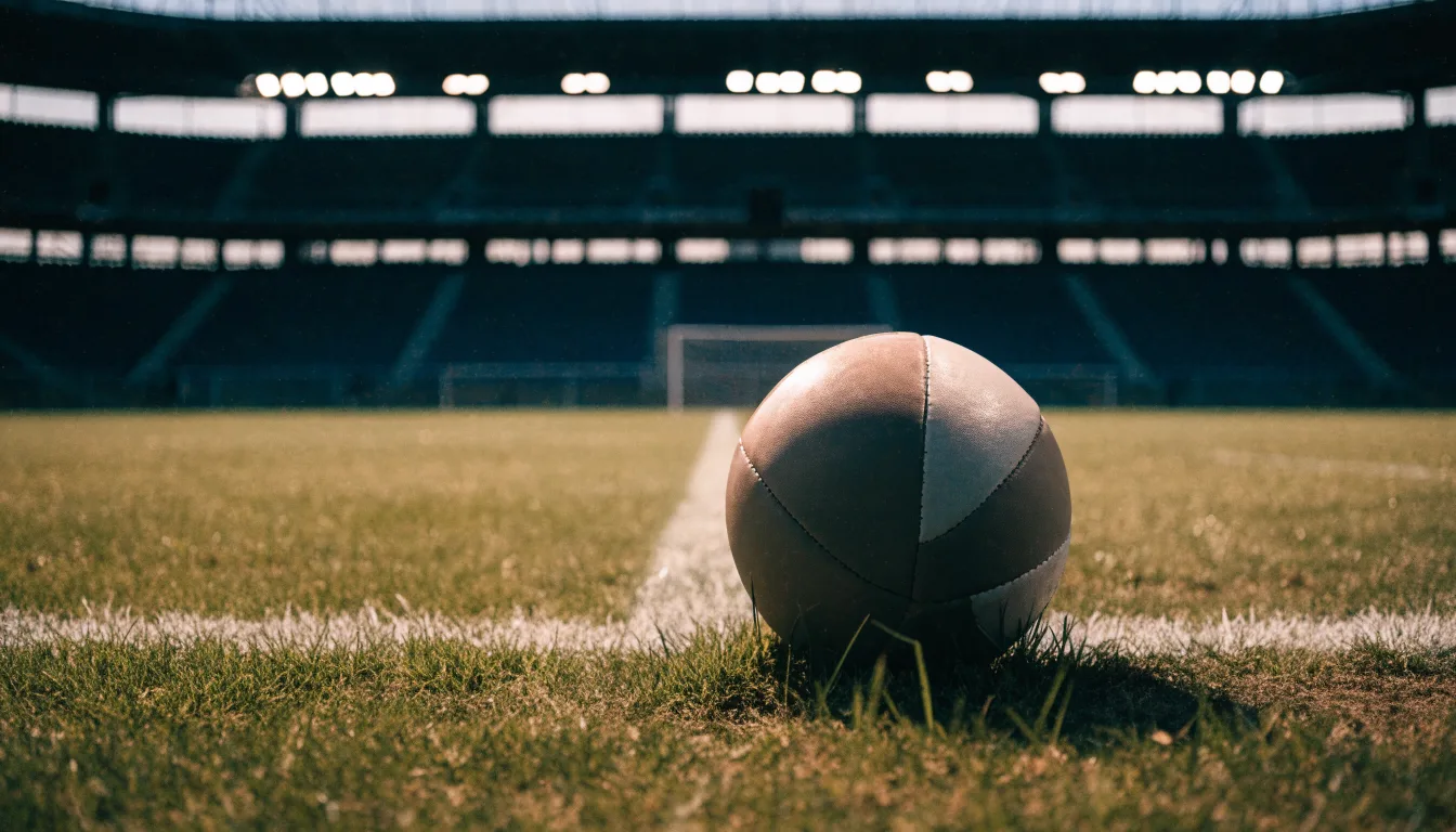 Ein Fußball liegt auf dem Rasen eines leeren Platzes, im Hintergrund ein Stadion unter Flutlicht in der Abenddämmerung.