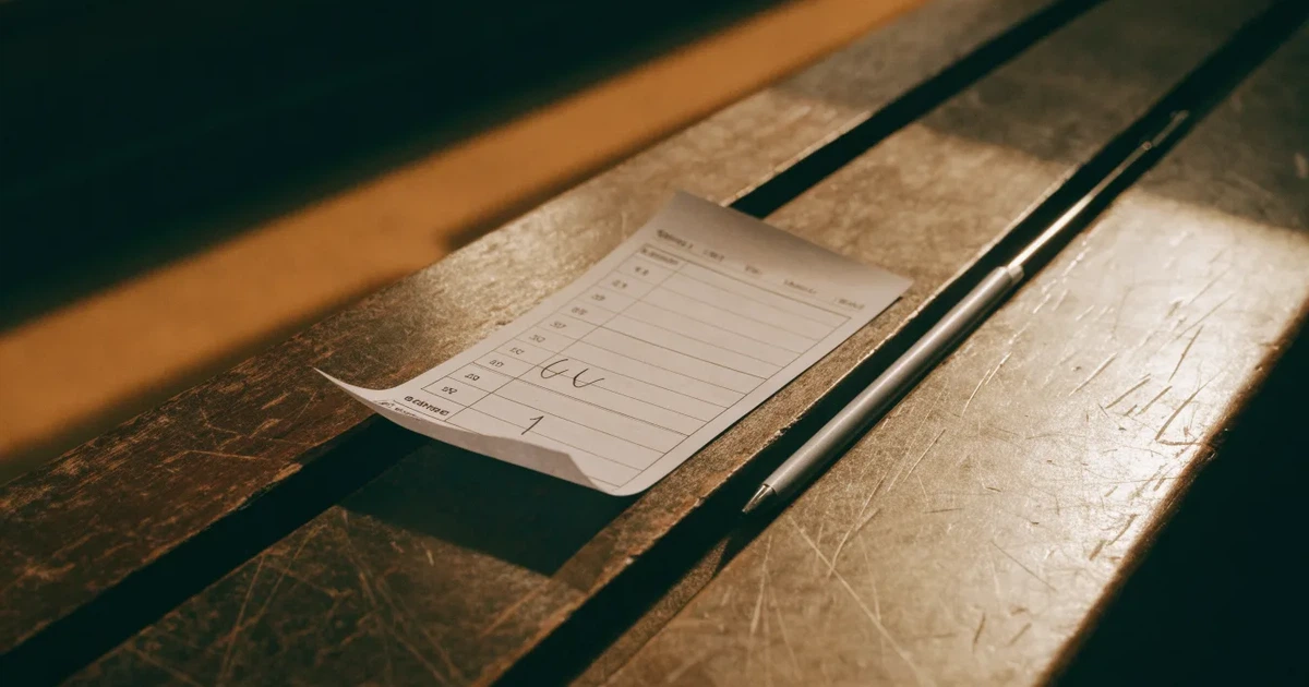 Ein leerer Wettschein aus Papier liegt neben einem Stift auf einer hölzernen Theke, weiches Licht fällt von der Seite ein.