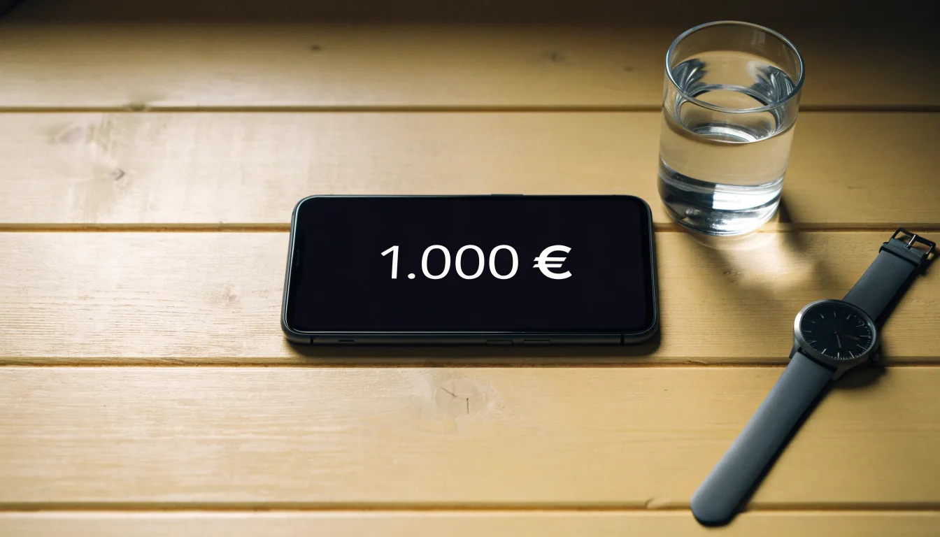 Ein Smartphone liegt mit dem Display nach unten auf einem Küchentisch, daneben stehen ein Glas Wasser und eine Armbanduhr.