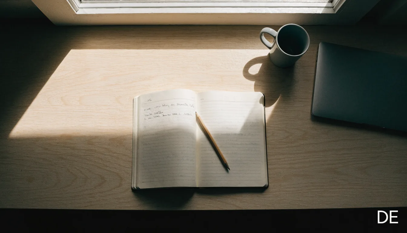 Ein Notizbuch mit handschriftlichen Notizen und ein Bleistift liegen auf einem Schreibtisch am Fenster, draußen fällt Morgenlicht herein.