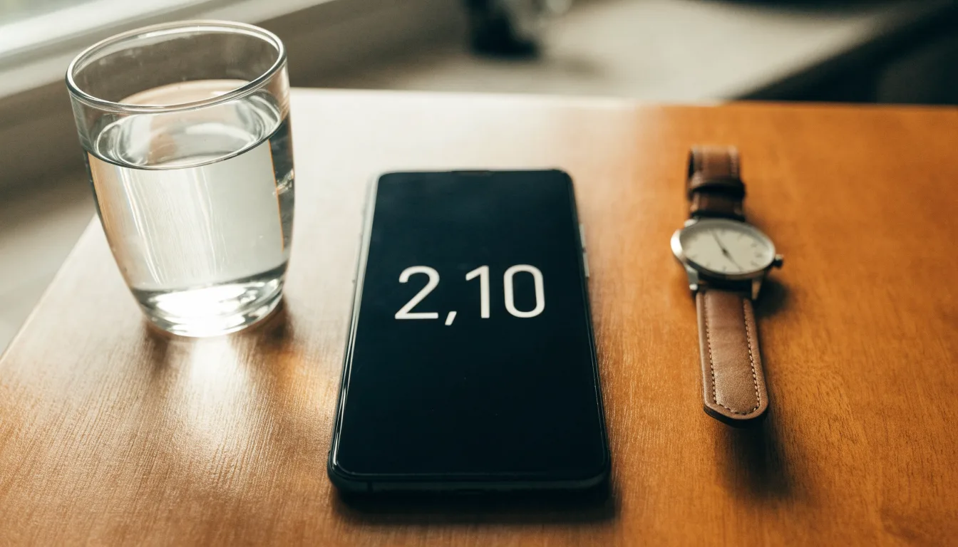 Ein Smartphone liegt mit dem Display nach unten auf einem Küchentisch, daneben stehen ein Glas Wasser und eine Armbanduhr.