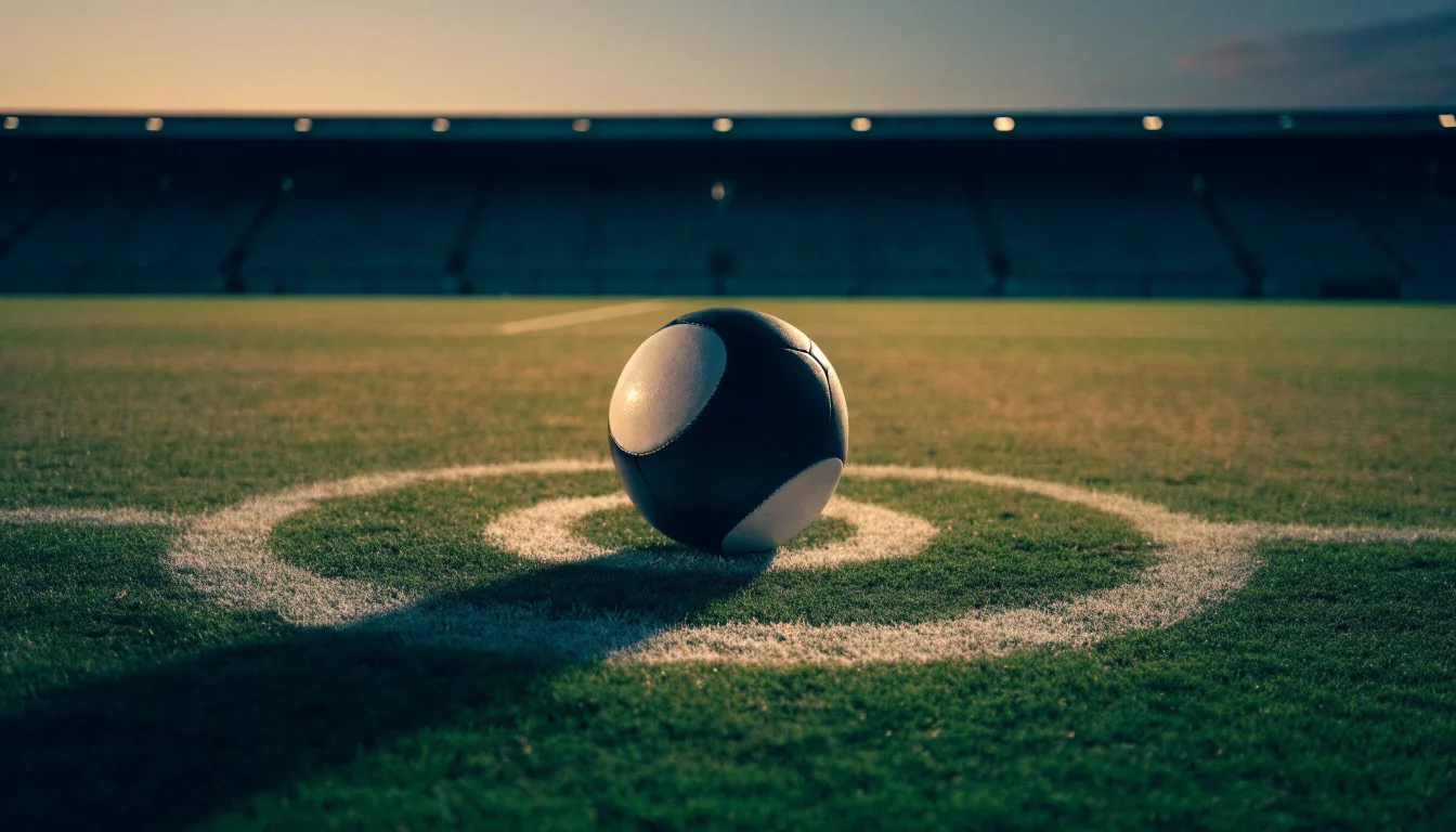 Ein Fußball liegt auf dem Anstoßpunkt eines leeren Rasenplatzes, im Hintergrund steht ein Stadion unter Flutlicht in der Dämmerung.